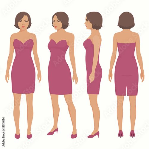  

 fashion vector illustration , woman isolated in dress, front, back and side view