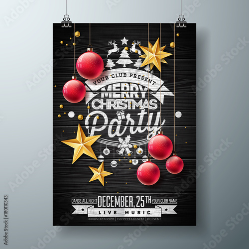 Vector Merry Christmas Party Design with Holiday Typography Elements and Ornamental Ball, Cutout Paper Star on Vintage Wood Background. Celebration Flyer Illustration. EPS 10.