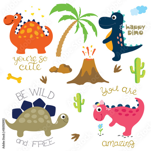 Dinosaur footprint, Volcano, Palm tree and other design elements