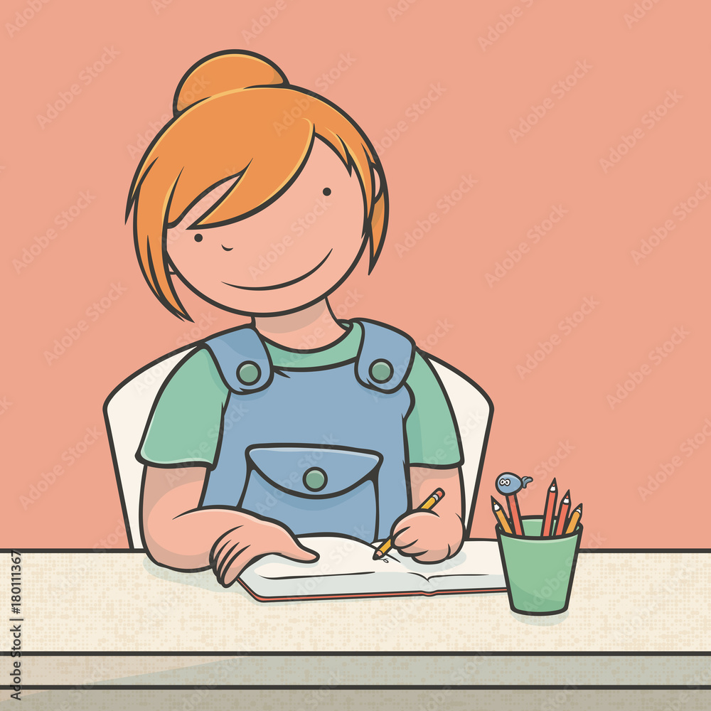 Girl Doing School Homework, Left Handed, Character Design, Vector Illustration Girl Doing School Homework, Left Handed, Character Design, Vector Illustration