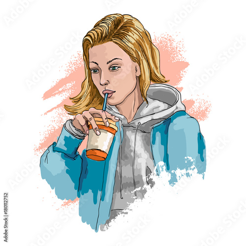 A young girl holds a paper cup for coffee. Girl drinking through a straw. Closeup portrait of. Hand drawn sketch. Vector illustration.