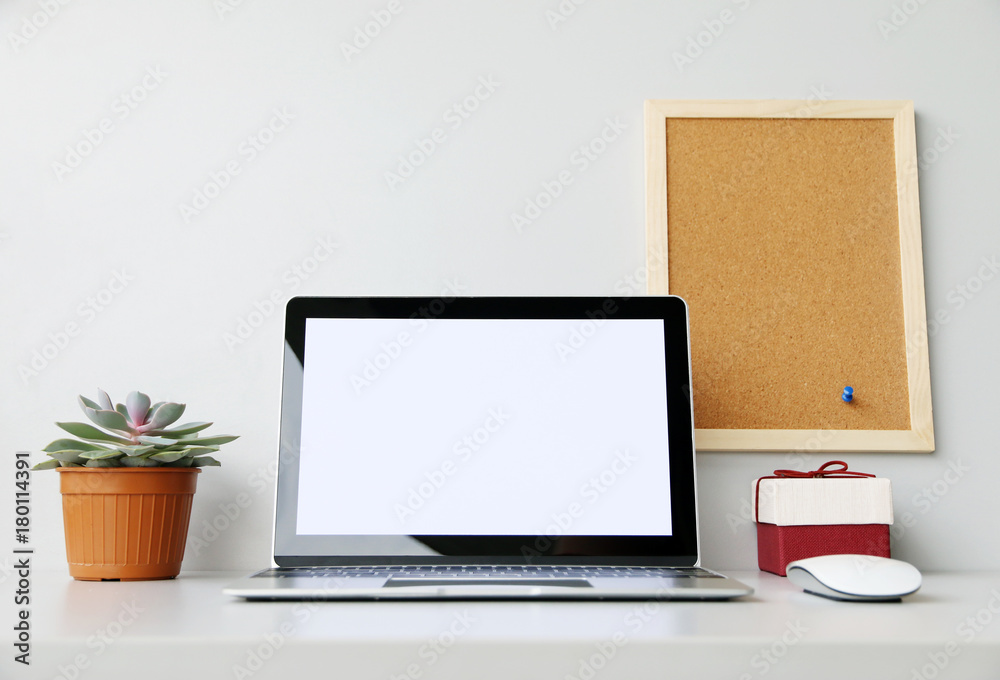 Office table with Laptop,mouse,and cactus, copy space, Office table with Laptop,mouse,and cactus, copy space,