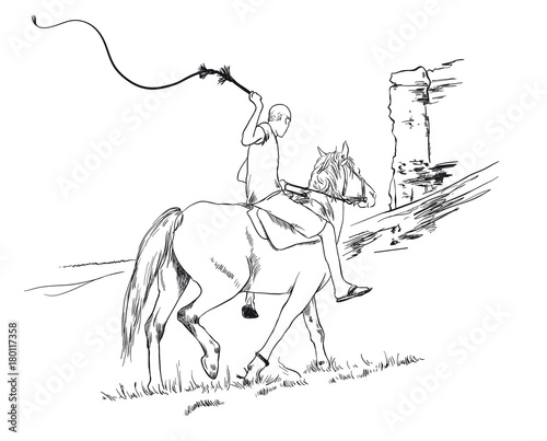 A young guy rider riding a horse rides past a cliff with a whip in his hands, vector sketch