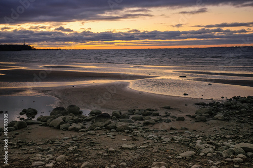 Shore of Baltic Sea on sunset  Gulf of Finland in Peterhof  Russian town near Saint Petersburg