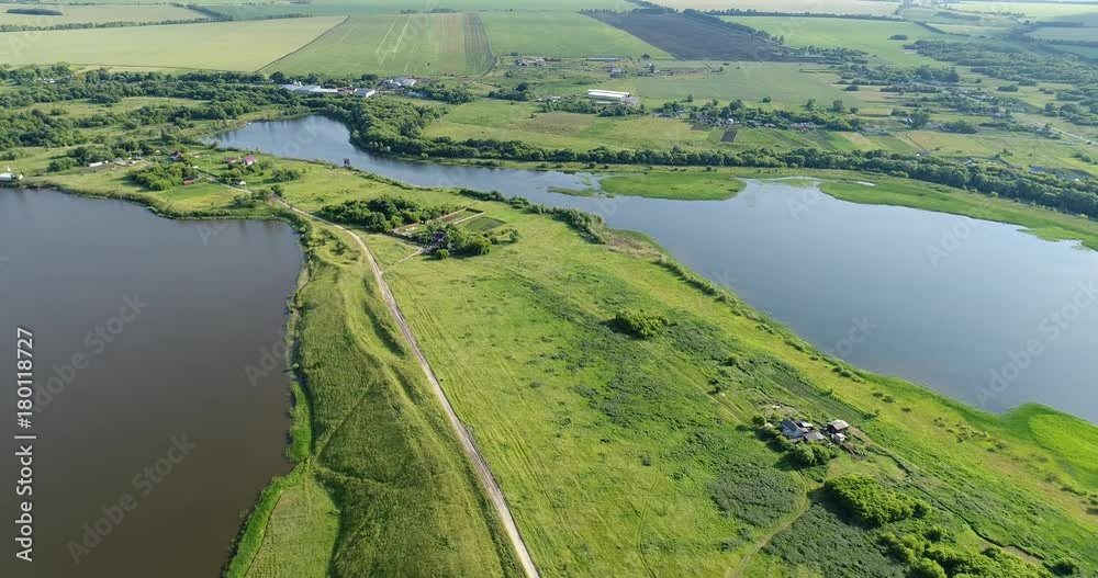 View from great height to ponds and village in Russia View from great height to ponds and village in Russia