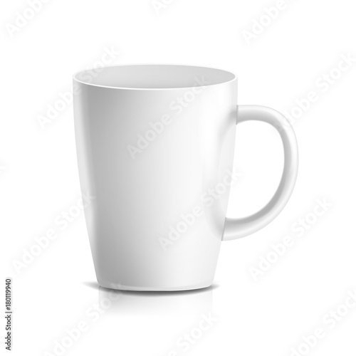 White Mug Vector. 3D Realistic Ceramic Coffee, Tea Cup Isolated On White. Classic Home Cup Mock Up With Handle Illustration.