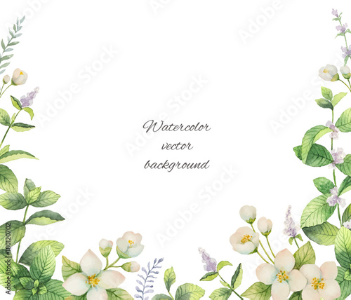 Watercolor vector frame of flowers and branches Jasmine isolated on a white background.