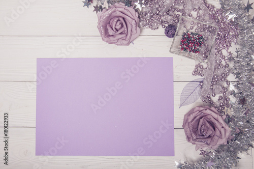 Merry Christmas Purpole Holiday Fir Tree Toy Decor Ball Gift Magic Composition white Background Top View