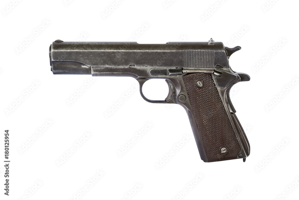close up old automatic pistol  handgun military weapon isolated on white background