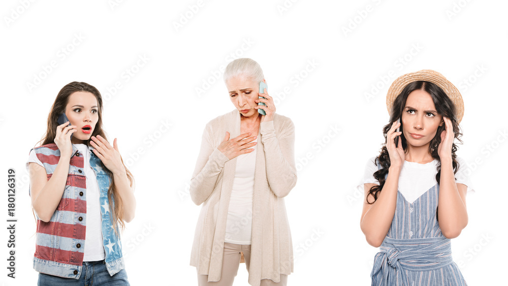 multigeneration women talking on smartphones multigeneration women talking on smartphones