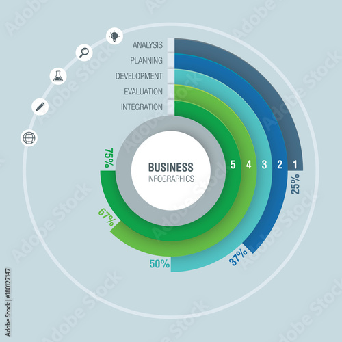 Colorful business infographics, radial chart, diagram with 5 percentages. Vector illustration business template
