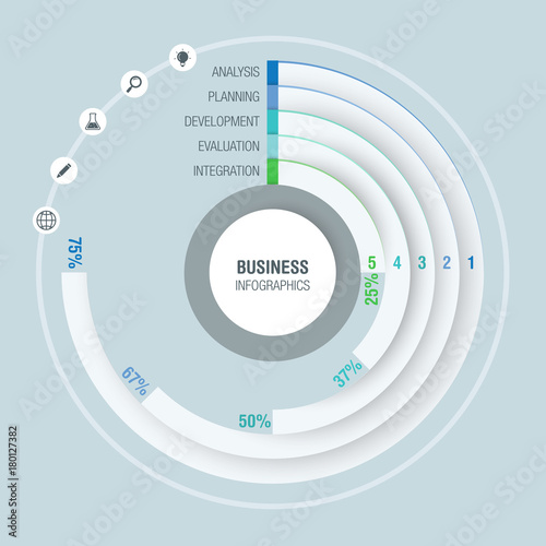 Colorful business infographics, radial chart, diagram with 5 percentages. Vector illustration business template