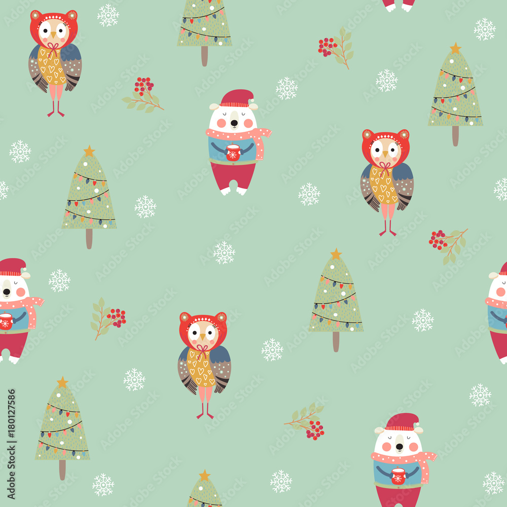 Seamless pattern with owl and bear