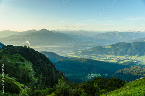 View from Gruttenhuette, an alpine hut on Wilder Kaiser mountains, Going, Tyrol, Austria - Hiking in the Alps of Europe