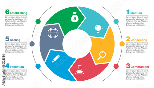 Colorful business infographic diagram with icons, graph, presentation, chart. Circular business concept infographics with 6 segments. Vector illustration template