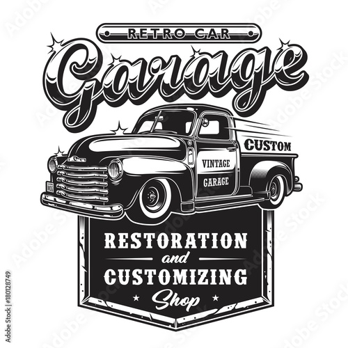 Fototapeta Retro samochód naprawy garażu znak z retro styl ciężarówką. Niestandardowy sklep restauracyjny.