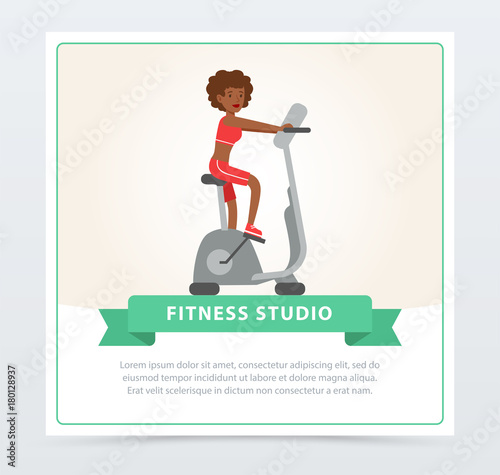 Young woman working out on exercise bike, fitness studio banner flat vector element for website or mobile app photo