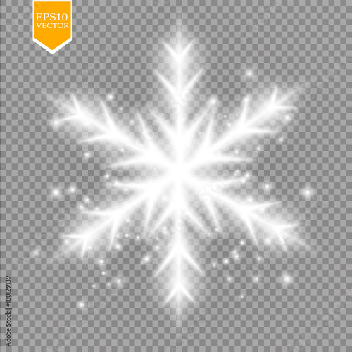 Shine white snowflake with glitter isolated on transparent background. Christmas decoration with shining sparkling light effect. Vector