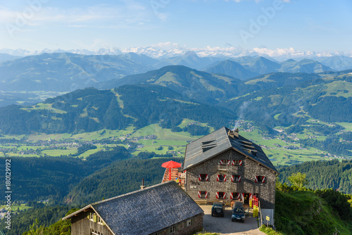 View from Gruttenhuette, an alpine hut on Wilder Kaiser mountains, Going, Tyrol, Austria -  Hiking in the Alps of Europe photo