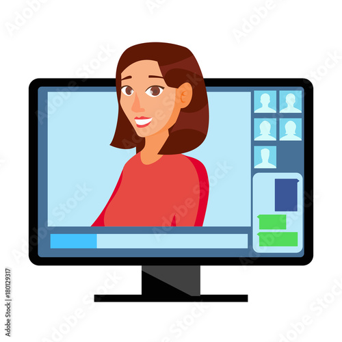 Video Meeting Online Vector. Man And Chat. Ceo And Employees. Business Meeting, Consultation, Conference Office, Seminar, Online Training Concept. Flat Cartoon Isolated Illustration