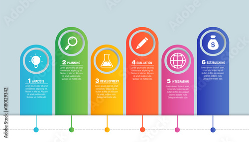 Colorful bright business infographics, chart, diagram with 6 steps. Vector illustration business template
