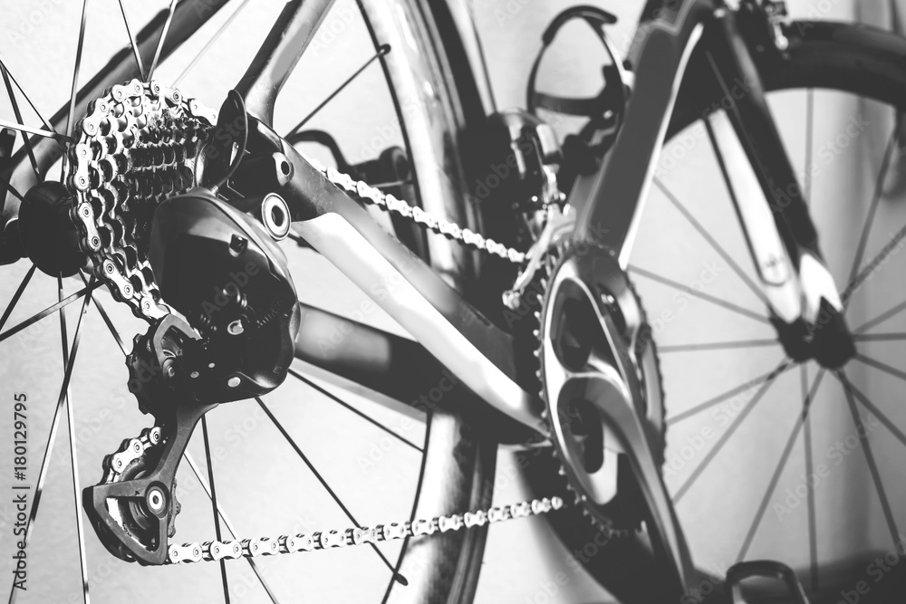 Fototapeta premium Bicycle details black and white frame, road bike parts
