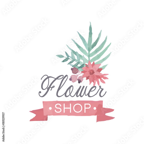 Flower shop colorful logo template  label or badge in vintage style for floral boutique  wedding service  florist vector Illustration