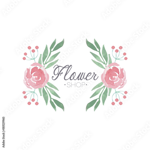 Flower shop green and pink colorful logo, label or badge in vintage style for floral boutique, wedding service, florist vector Illustration