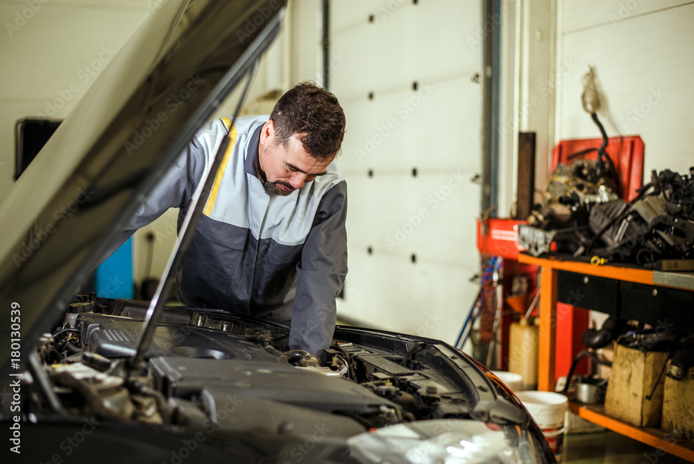 Professional mechanic checking car engine. Professional mechanic checking car engine.