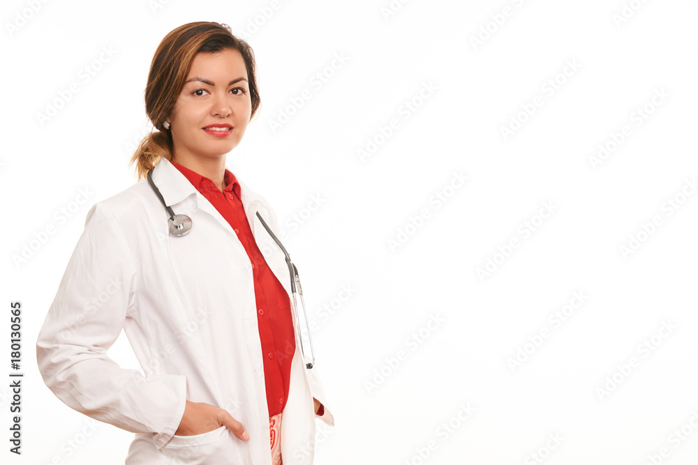 Friendly female doctor in medical uniform with a medical stethoscope Friendly female doctor in medical uniform with a medical stethoscope
