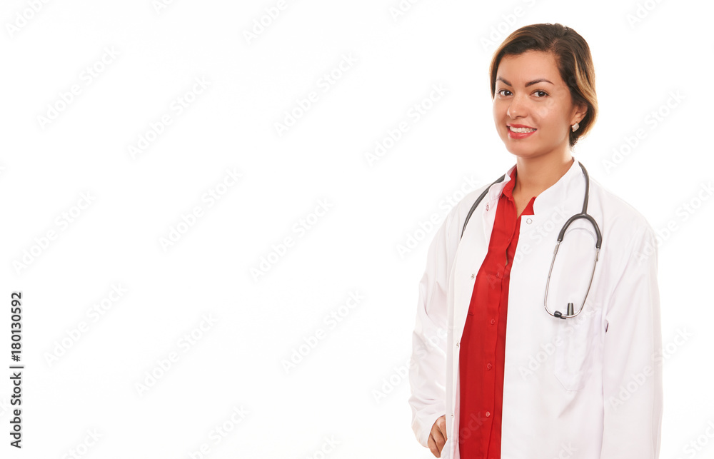 Friendly female doctor in medical uniform with a medical stethoscope Friendly female doctor in medical uniform with a medical stethoscope