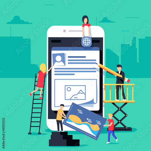 small people character decorated mobile technology. vector concept illustration flat design