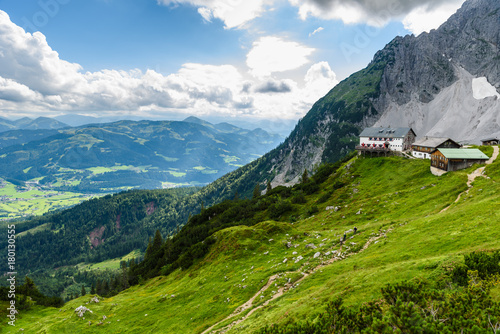 View from Gruttenhuette, an alpine hut on Wilder Kaiser mountains, Going, Tyrol, Austria - Hiking in the Alps of Europe