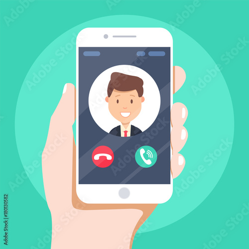 Incoming call on smartphone screen. Flat design vector illustration