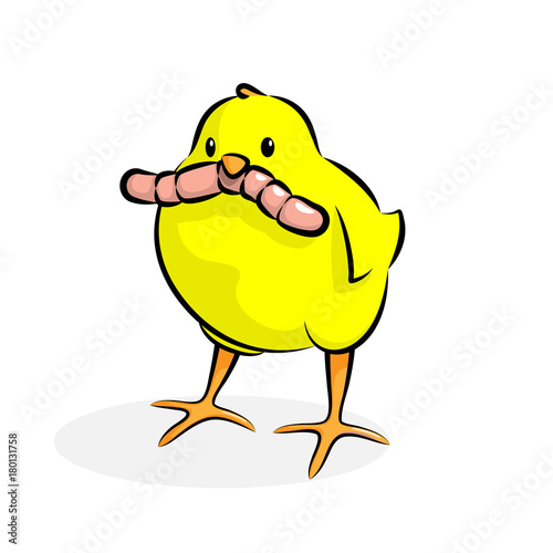Cute Little Chick With Worm At Beak. Vector Illustration Of A Baby Chicken Caughed A Worm.