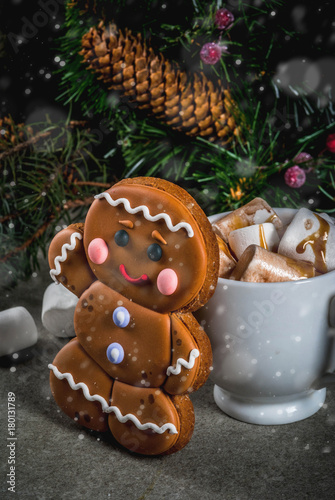 Traditional Christmas treat. Hot chocolate with marshmallow, gingerbread man cookie, fir tree branches and xmas holiday decorations copy space © ricka_kinamoto