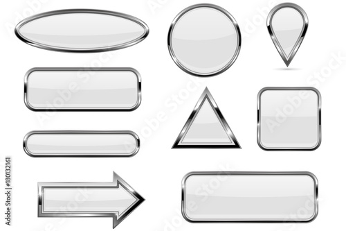 White buttons set. Glass icons with metal frame