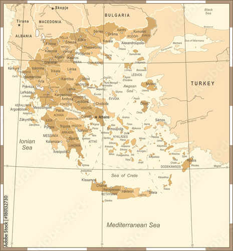 Foto Greece Map - Vintage Detailed Vector Illustration
