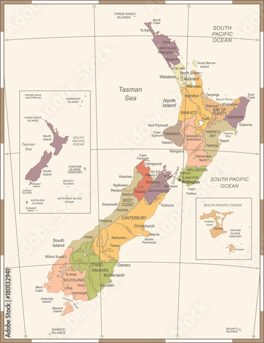 New Zealand Map - Vintage Detailed Vector Illustration