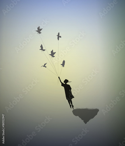 girl is standing on the edge of flying rock and holding pigeons, way in the dreamland, follow your dream, shadows,