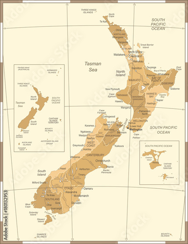 Canvas Print New Zealand Map - Vintage Detailed Vector Illustration