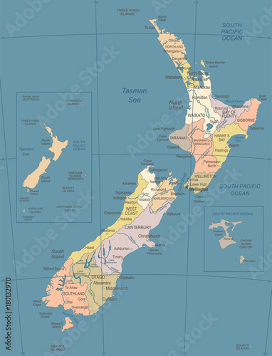 Fotografia, Obraz New Zealand Map - Vintage Vector Illustration