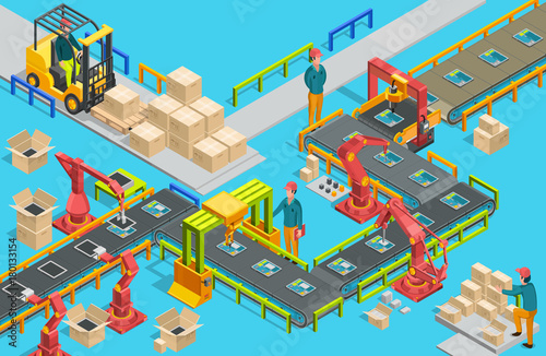 Automatic factory with conveyor line and robotic arms. Assembly process. Vector illustration