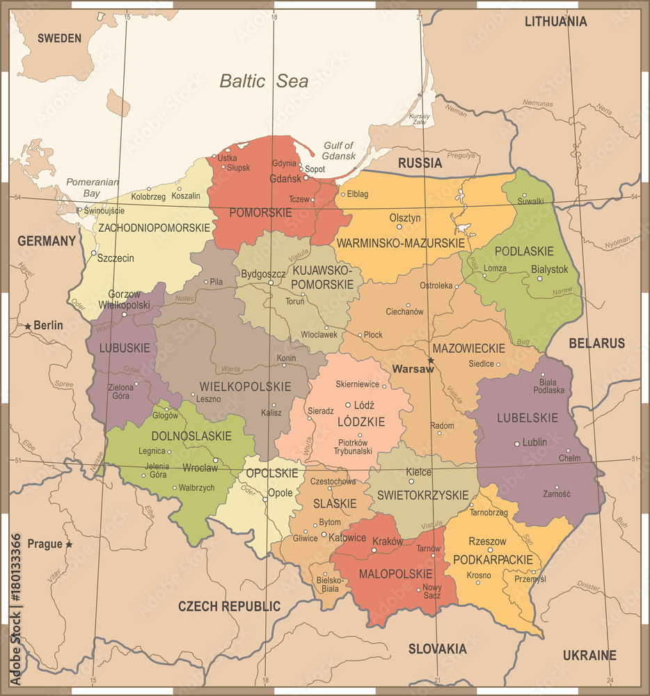 Obraz premium Mapa Polski - Vintage Szczegółowa ilustracja wektorowa