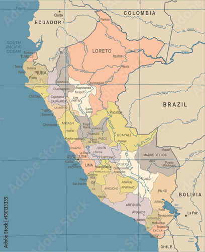 Peru Map - Vintage Vector Illustration
