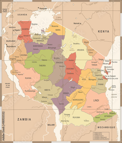 Tanzania Map - Vintage Detailed Vector Illustration