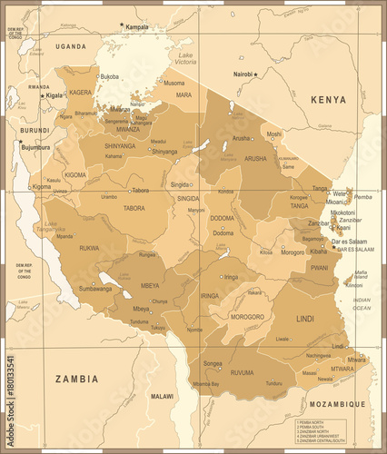 Tanzania Map - Vintage Vector Illustration