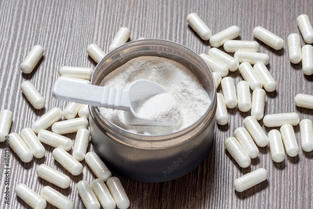 Sports supplements for bodybuilding. Protein, bcaa, capsules Stock-Foto ...