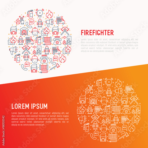 Firefighter concept in circle with thin line icons: fire, extinguisher, axes, hose, hydrant. Modern vector illustration for banner, web page, print media. photo