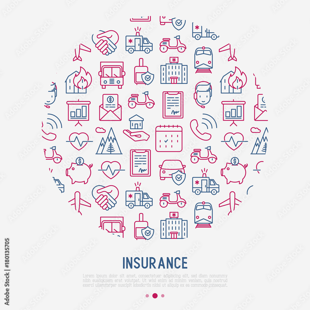 Insurance concept in circle with thin line icons: health, life, car, house, savings. Modern vector illustration for banner, template of web page, print media.